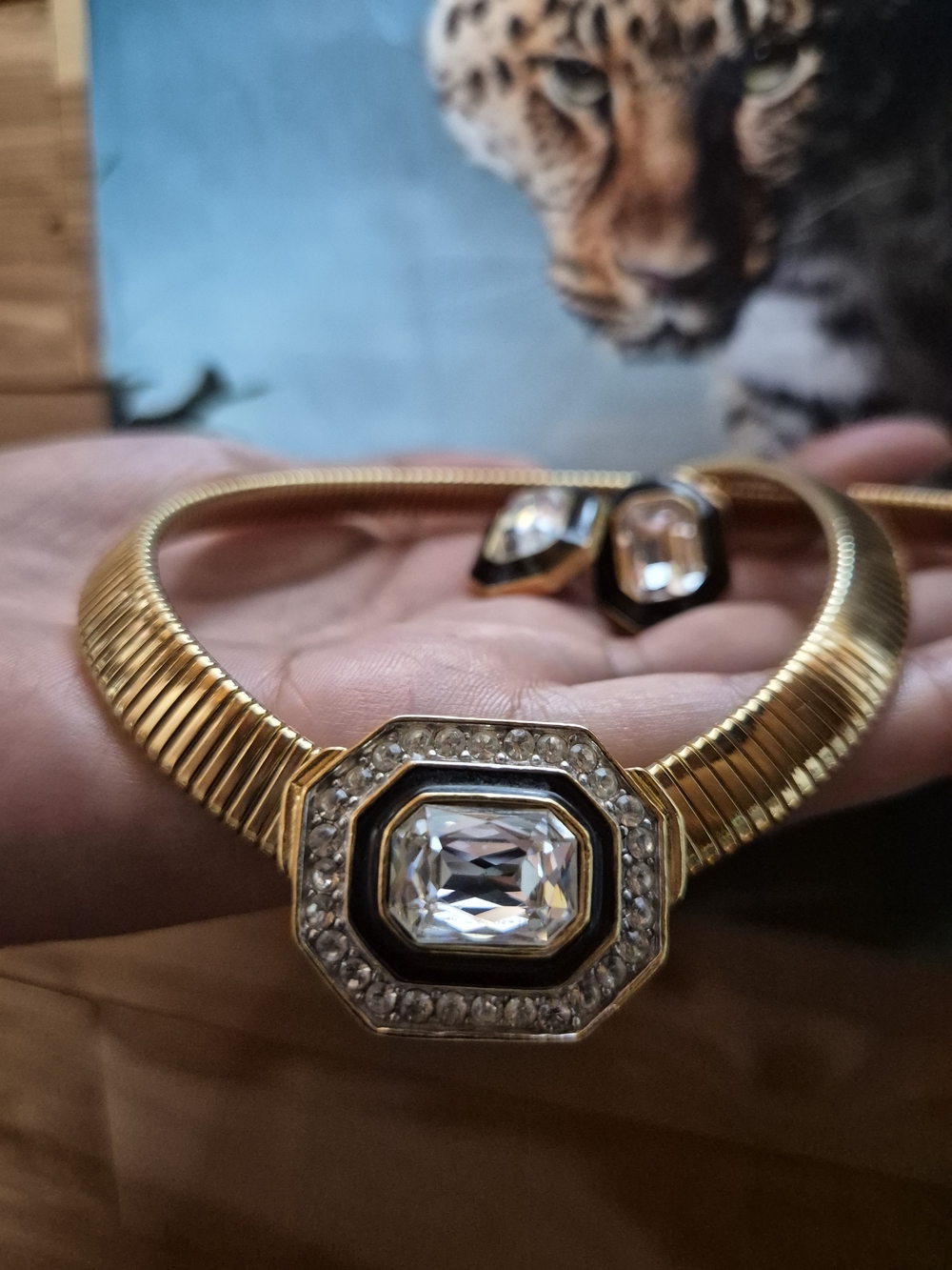 Trifari Gold Tone Necklace with Clear Crystal and Black Enamel Accents
